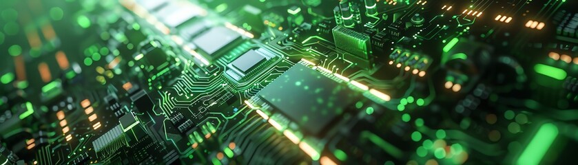 Obraz premium Biotech circuits in green hues, eyelevel, amidst digital clouds, sharp focus, ethical computing
