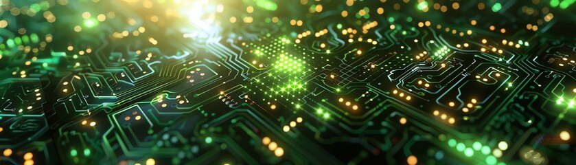 Obraz premium Biotech circuits in green hues, eyelevel, amidst digital clouds, sharp focus, ethical computing