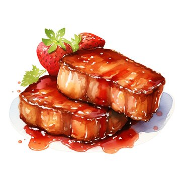 watercolor steak with strawberries on plate clip art preview