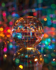 Obraz premium Digital neon globe, wideangle, amidst data streams, soft light, global connectivity concept
