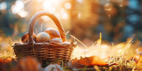 basket full of mushrooms in the sun's rays in an autumn light forest, the concept of autumn, autumn hobbies, mushroom picking with copyspace for text - Powered by Adobe