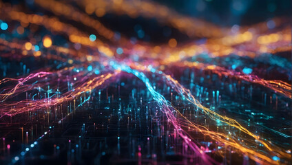 Futuristic digital landscape pulsating with neon fiber optic pathways, symbolizing the interconnectedness of a global quantum computing network.