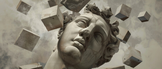 Surreal image of a fragmented classical sculpture head among floating cubes.