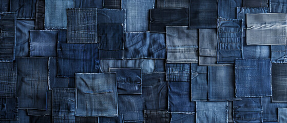 Textural variety in a monochromatic patchwork of denim fabric pieces.