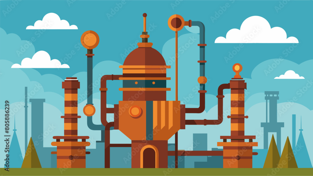 Poster rusty pipes and soaring spires adorn the rational thinking machine representing the merging of logic