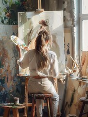 Woman artist painting on canvas in studio, back view