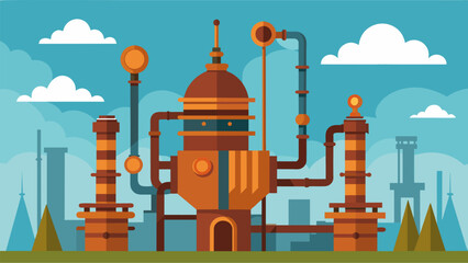 Rusty pipes and soaring spires adorn the Rational Thinking Machine representing the merging of logic and creativity.. Vector illustration