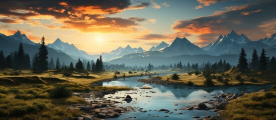 Mountain landscape with a river at sunset.