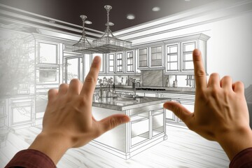 Hands frame a custom kitchen design drawing and photo combination, showcasing the meticulous planning and visual representation of the desired space. This dynamic composition captures the transition f