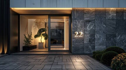 Sleek entrance with a charcoal grey slate and a backlit house number