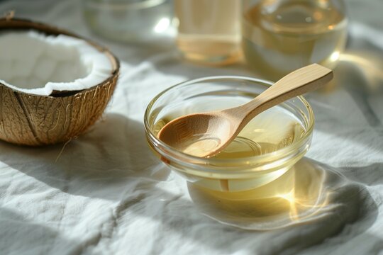 A round glass bowl contains liquid coconut MCT oil, accompanied by a wooden spoon and bottles