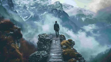 a man mountain hill walk illustration background,Generative Ai