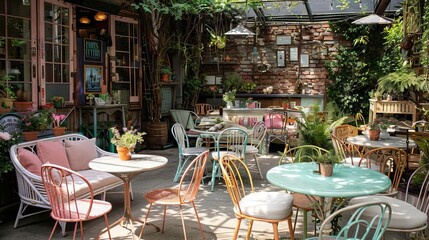 An outdoor cafe with pastel furniture, gentle lighting, and potted plants, creating a relaxed vibe