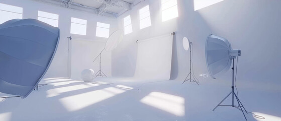 Light floods a white photography studio, highlighting empty space ready for creative use.