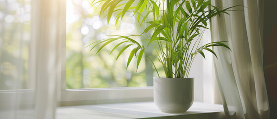 A potted houseplant by a window, basking in soft sunlight, inspiring growth and freshness.