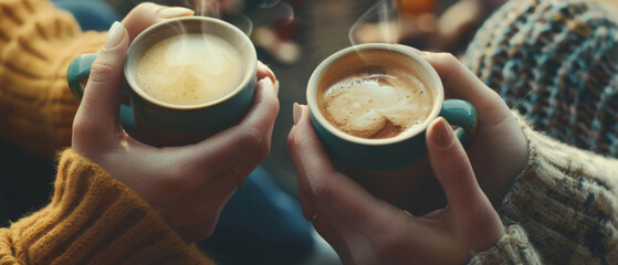 Cozy hands cradling steaming mugs of coffee, sharing warmth in a cold setting.