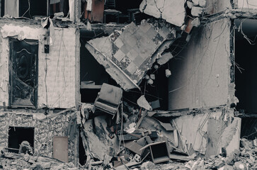 destroyed and burned houses in the city during the war in Ukraine