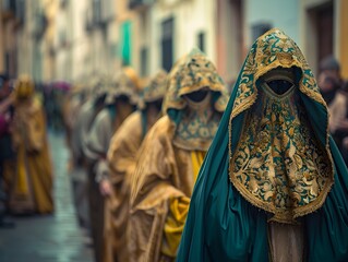 Obraz premium Traditional Penitential Robes in Festive Procession Through Historic Spanish Town