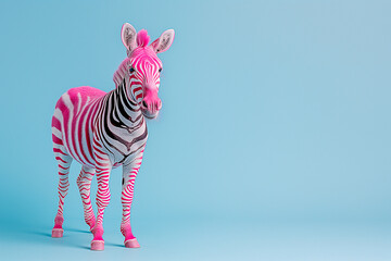 psychedelic pink striped zebra isolated on a blue background, free copy space for text