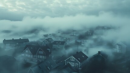 Fototapeta premium Fog Shrouded Coastal Town Enveloped in Atmospheric Mist