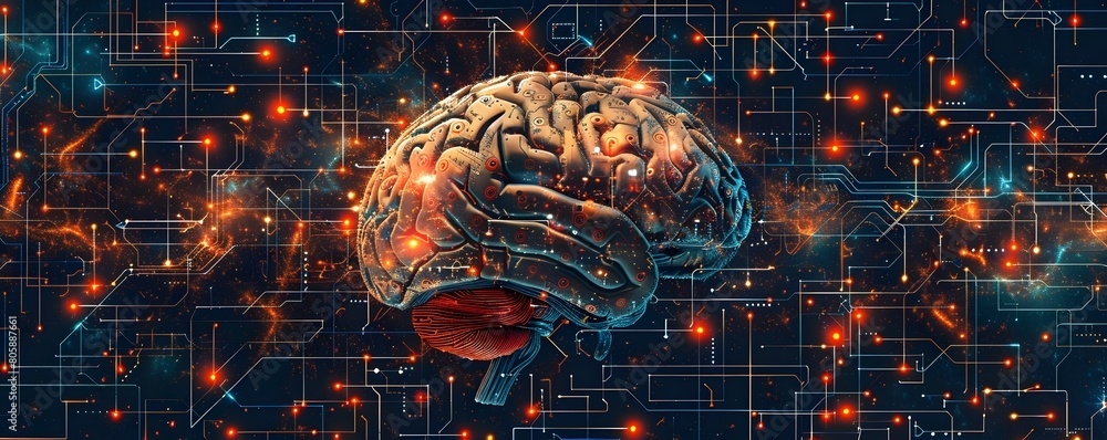 Poster brain circuitry symbolizing the complexities of human cognition and artificial intelligence potentia