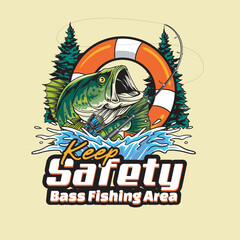 Vector Illustration of Bass Fish with Fishing Rod and Float Tire with Nature view with Vintage Illustration Available for Tshirt Design