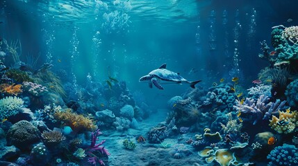 Fototapeta na wymiar An underwater scene in shades of blue, where marine life appears to blend seamlessly into its environment