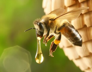 Biene schwebt in der Luft - Honig tropft von Biene , Waben im Hintergrund