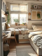 Small sunny bedroom, small steps, computer desk
