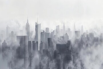 An urban skyline painted entirely in shades of grey, with fog adding a mysterious atmosphere