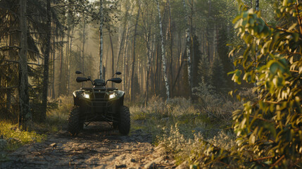 A solitary ATV awaits on a forest trail, hinting at adventure in the misty woodland.