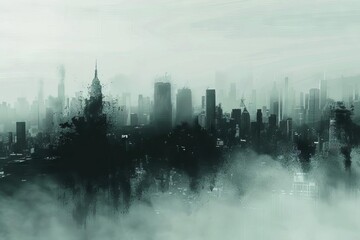 An urban skyline painted entirely in shades of grey, with fog adding a mysterious atmosphere