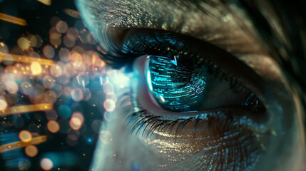 Futuristic vision technology concept, close-up human eye digital interface, cyber security