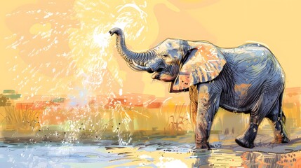 Fototapeta premium An elephant joyfully spraying water on a sunny savannah day