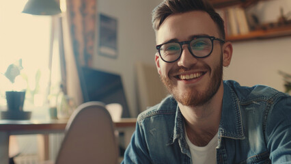 Youthful bearded man in glasses beams with a genuine, heartwarming smile in a cozy room.
