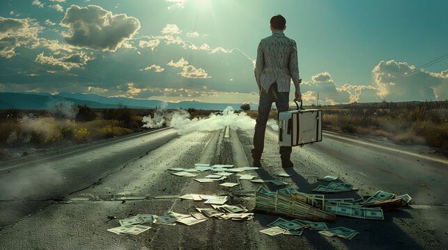 Mysterious Man Walking on Road with Case of Cash, Sunset