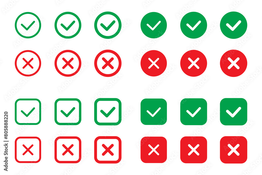 Aufkleber right or wrong icons. green tick and red cross checkmarks in circle flat icons. yes or no symbol, ap