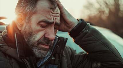 Obraz premium Man in distress holding head with a pained expression against a sunset backdrop.