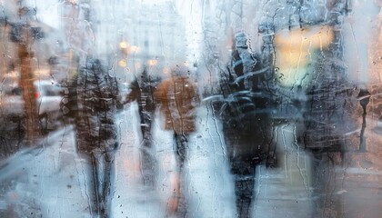 An urban street with pedestrians walking, seen through frosted glass and turning the scene into an abstract mosaic