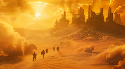 Apocalyptic vision of survivors trekking through a sandstorm-ridden dystopian landscape.