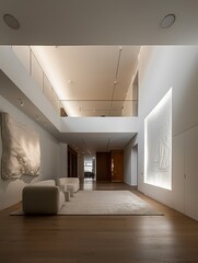 An empty room with a white wall and sculpture, in the style of meticulous lines