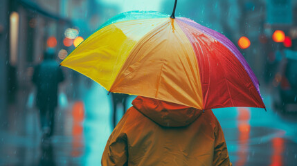 Person under a colorful umbrella stands out against a moody, rain-soaked cityscape.