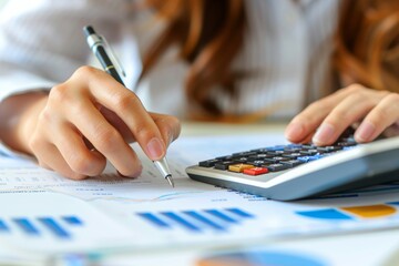 Accountant woman using calculator and pen, businessman working on financial data document