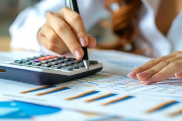 Female accountant using calculator and holding pen to analyze business data and review documents
