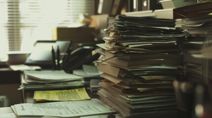 A cluttered office desk piled high with stacks of paperwork and folders.