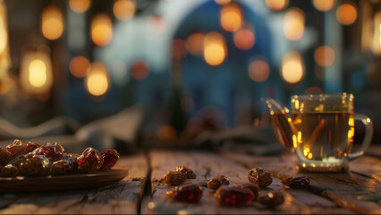 A cozy scene with a hot tea beside dates on a rustic wooden table against a festive backdrop.