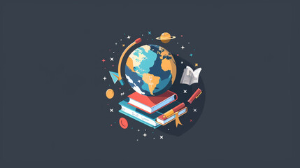 A globe and books icon surrounded  subjects representing global education and interdisciplinary learning with a globe symbolizing international studies and a stack of books representing
