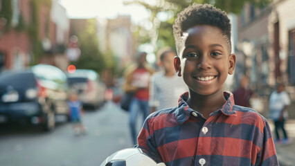 Joyful young boy with a soccer ball on a lively city street, glowing with sunlight.