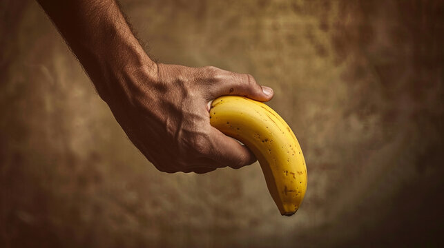 Close-up masculine hand ripe banana. Concept erectile dysfunction, health problem, impotence