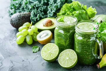 Fresh Green Smoothies Served in Mason Jars Surrounded by Assorted Ingredients on Slate Background - Powered by Adobe
